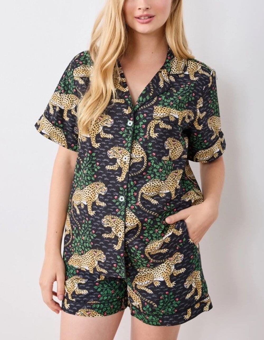 Printfresh Bagheera Leopard Short PJ Set Medium Black Organic Cotton Poplin Cozy